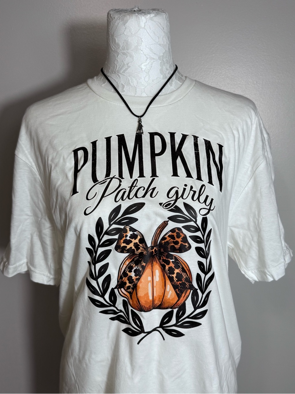 Gildan White Tee with Black Text and Orange Leopard Pumpkin